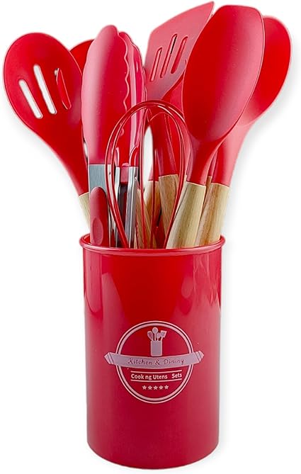Red Spice rack & 7pcs Cast Iron Pot 12pcs Silicone Spoon Combo
