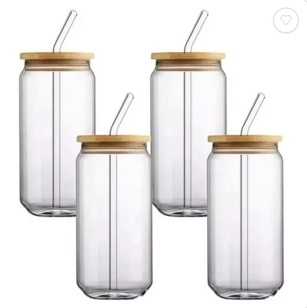 4 Glass Cups with Lids and Straws